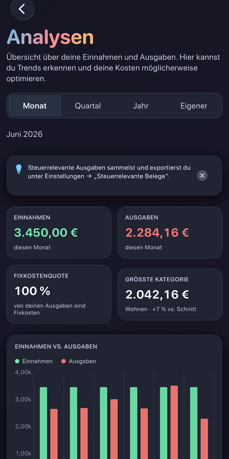 Bilando Analysen mit Einnahmen, Ausgaben und Hochrechnung