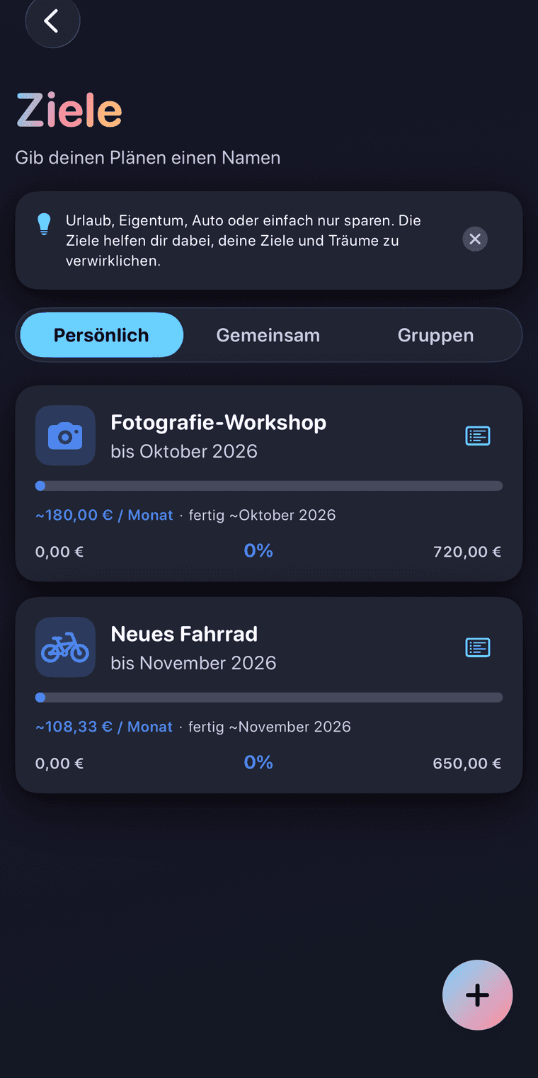 Bilando Sparziele mit Monatsrate und Fortschritt